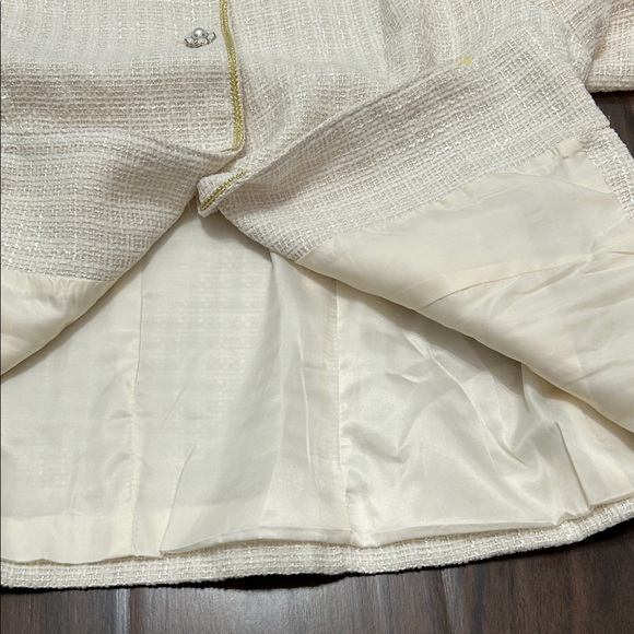 Allegra K Tweed Cream Blazer Jacket Gold Trim - Picture 9 of 11